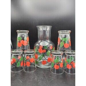 Vtg 60s Libbey Glass Carafe Pitcher & SWANKY SWIGS Red Cherries 6 Juice Glasses
